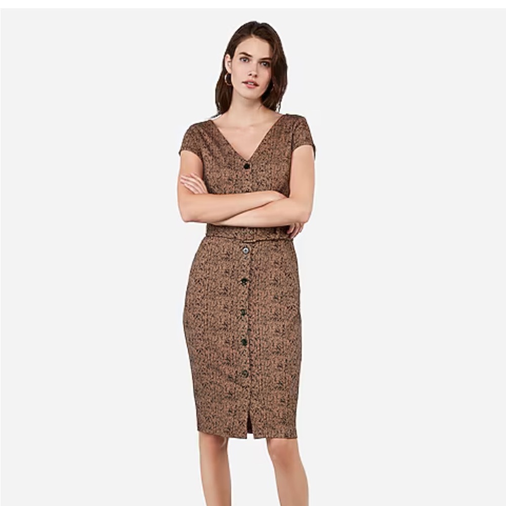 Express Belted Button Front Jacquard Sheath Dress